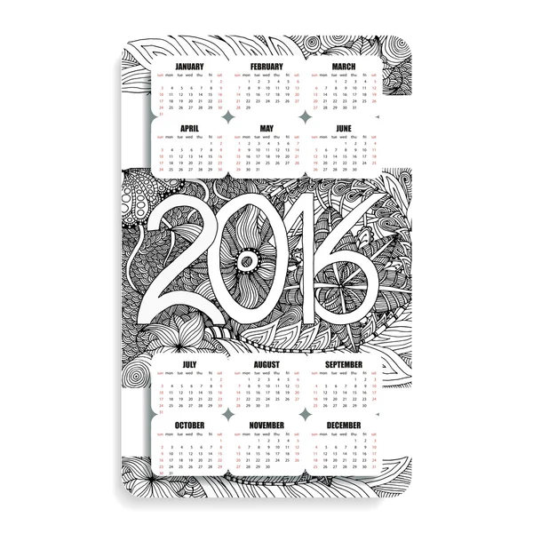 Vertical calendar 2016 in the Zentangle and Doodle style — стоковий вектор