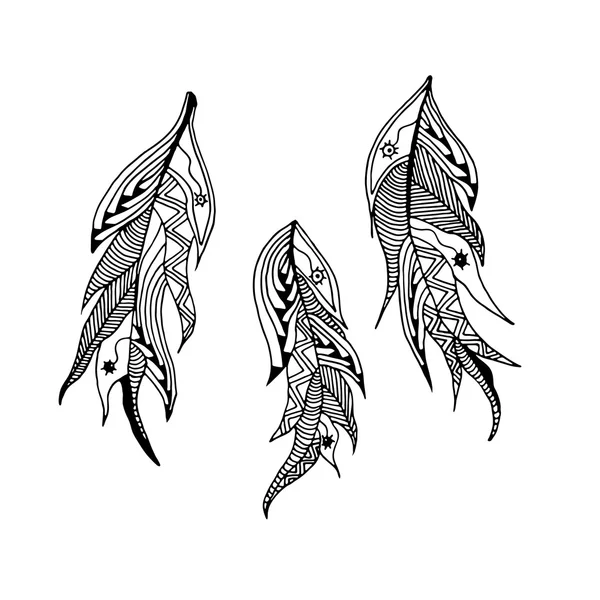 Set of monochrome feathers style zentangle — Stock Vector