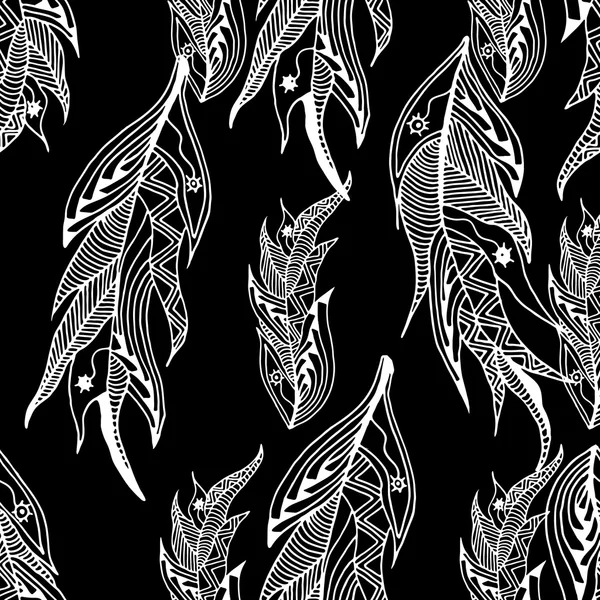 Patrón sin costuras de plumas monocromáticas estilo zentangle — Archivo Imágenes Vectoriales