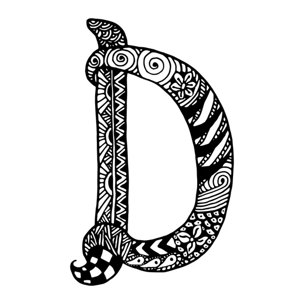 Hand draw the letter D zentangle — Stock Vector