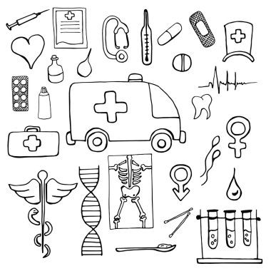 Set of medical symbols and signs hand drawn