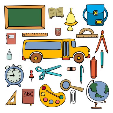 Set color  school symbols, signs hand drawn
