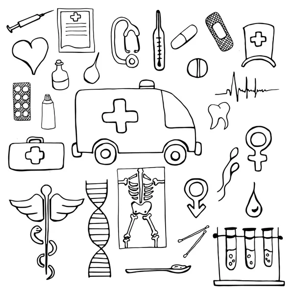 Set of medical symbols and signs hand drawn — Stockový vektor