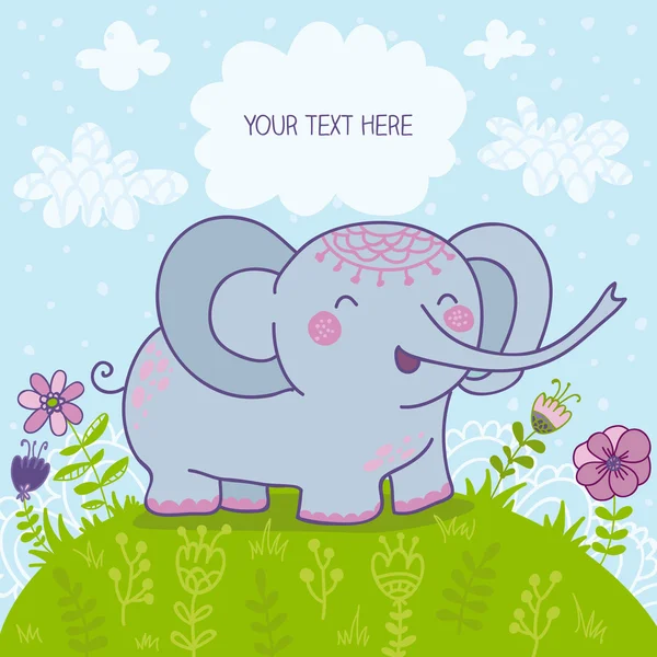 Tarjeta con elefante de dibujos animados y flores — Vector de stock