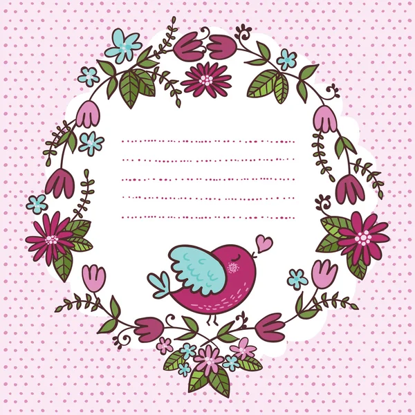 Tarjeta de primavera con pájaro y flores — Vector de stock