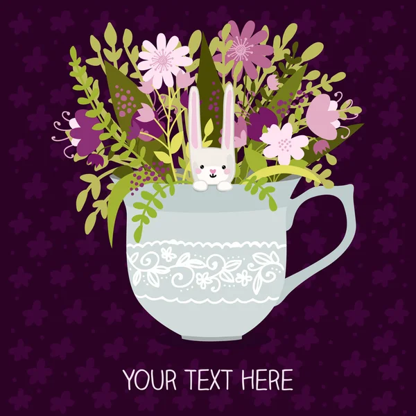 Tarjeta de cumpleaños con flores y conejo — Vector de stock