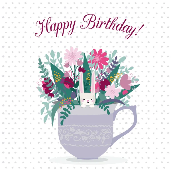 Tarjeta de cumpleaños con flores y conejo — Vector de stock