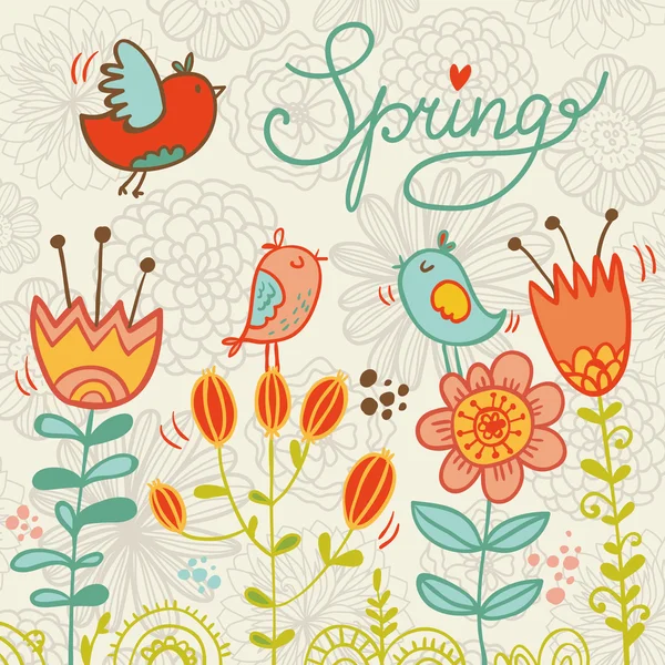 Листівка з весняними птахами і квітами — стоковий вектор