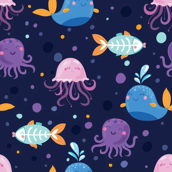 Sea animals and fishes pattern — Stock Vector