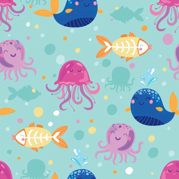 Sea animals and fishes pattern — Stock Vector