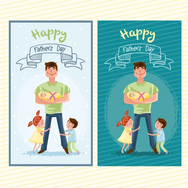 Happy Father's day banners - vader met baby, dochter en zoon, cartoon hand getrokken vectorillustratie — Stockvector