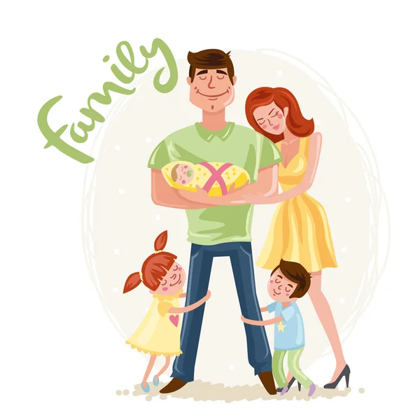 快乐的父亲一天明信片-幸福的家庭 — — 母亲，父亲与孩子，女儿和儿子，卡通手绘矢量图 — 图库矢量图片