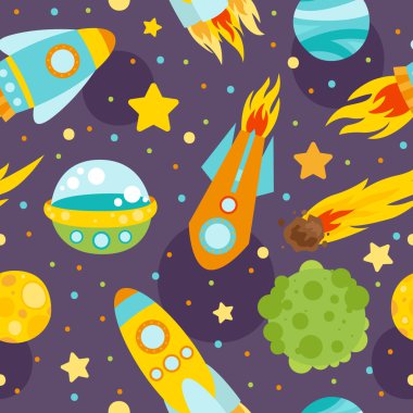 uzay elemanları sorunsuz desen. Gezegenler, ay, Ufo, roket, kuyruklu yıldız ve yıldızlar