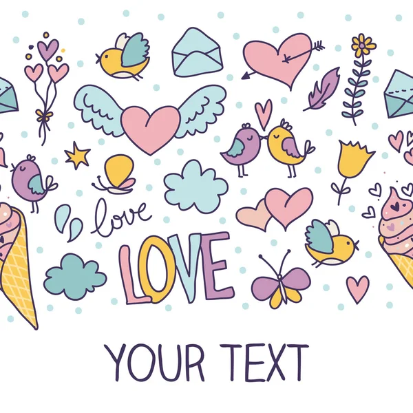 Doodle romantic seamless pattern with love, hearts and birds and place for your text. Banner — Stock Vector