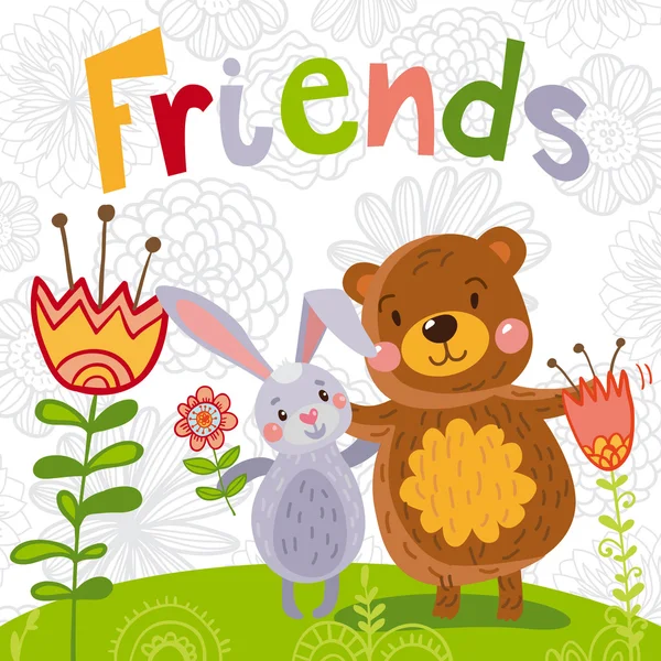 Cute bear and rabbit enjoying Friendship Day. Cartoon hand drawn illustration for your design. — Stock Vector