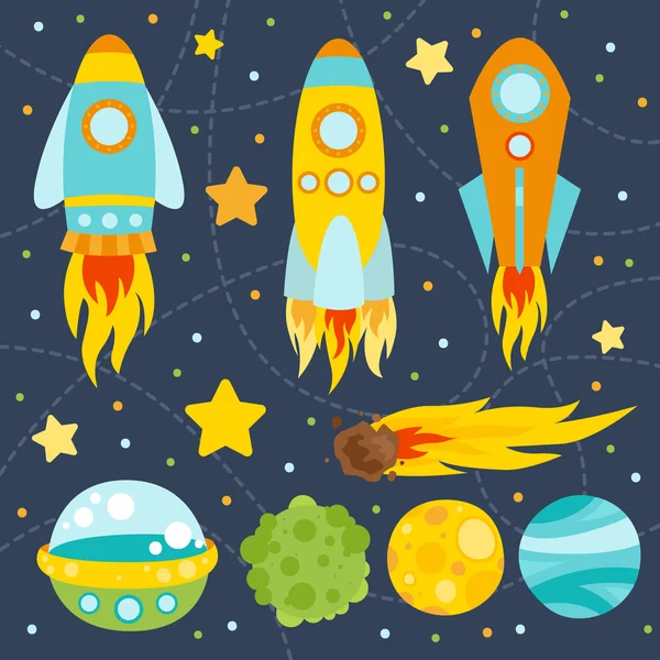 Bezproblémové struktury prvků prostoru. Planety, měsíc, UFO, raketa, kometa a hvězdy — Stockový vektor