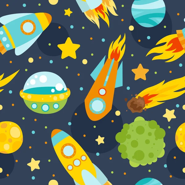 空間要素シームレスパターン。惑星、月、Ufo、ロケット、彗星、星 — ストックベクタ