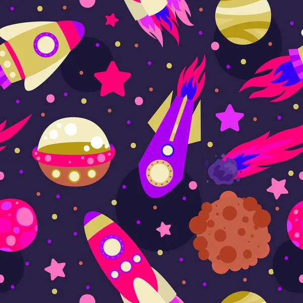 space elements seamless pattern. Planets, moon, UFO, rocket, comet and stars