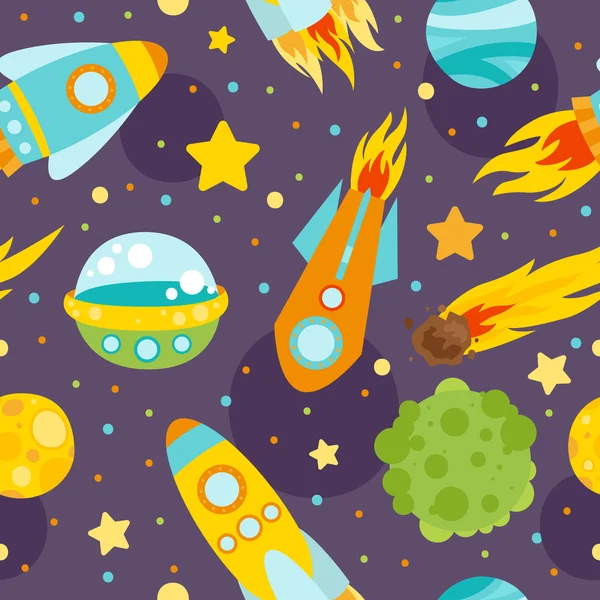 space elements seamless pattern. Planets, moon, UFO, rocket, comet and stars