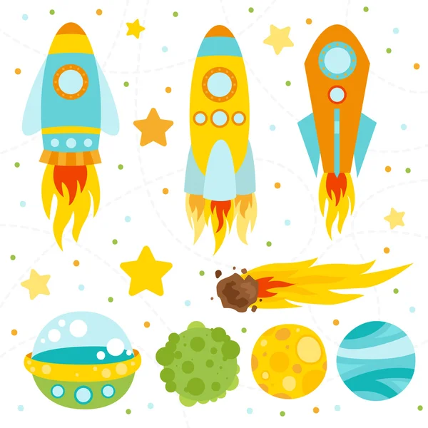Sada prvků prostoru. Planety, měsíc, Ufo, raketa, kometa a hvězdy — Stockový vektor