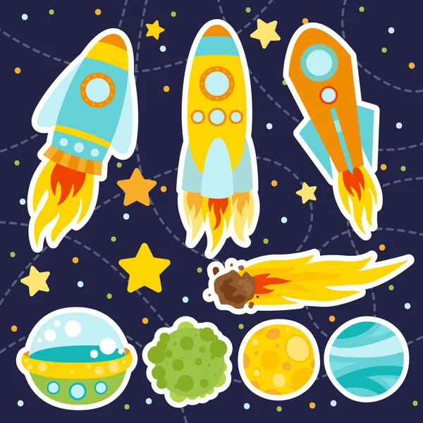 Set of space elements. Planets, moon, UFO, rocket, comet and stars — Stock Vector