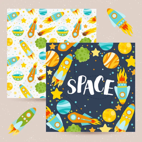 공간 요소와 귀여운 카드입니다. 행성, 달, Ufo, 로켓, 혜성과 별 — 스톡 벡터