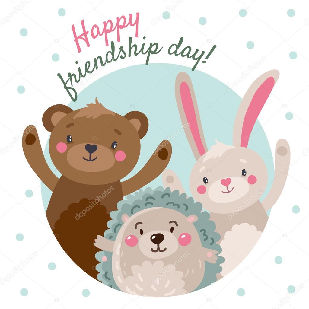 Cute bear, hedgehog and rabbit enjoying Friendship Day. Cartoon ...