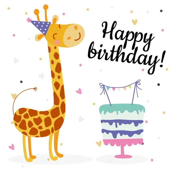 Lindo diseño de tarjetas de felicitación de cumpleaños con jirafa — Vector de stock