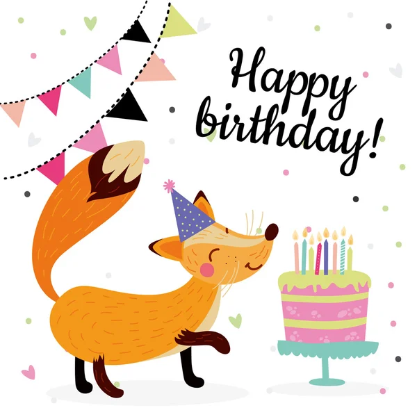 Lindo cumpleaños tarjetas de felicitación diseño con zorro — Vector de stock