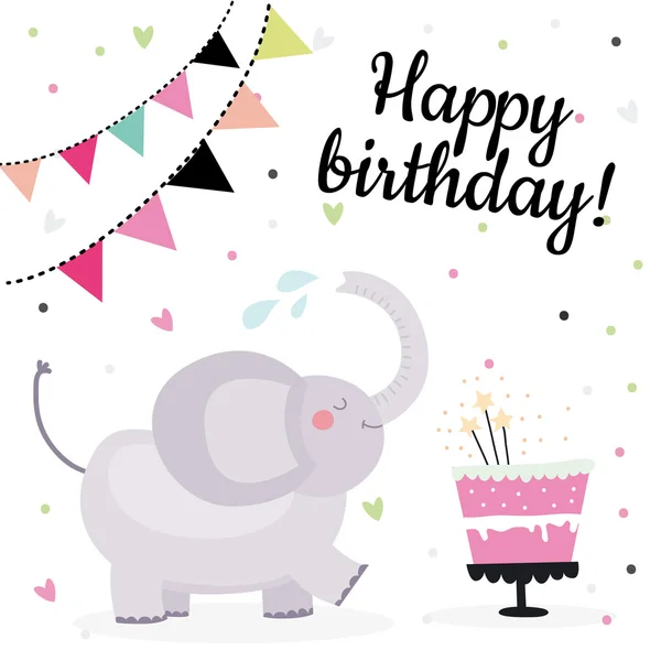 Lindo diseño de tarjetas de felicitación de cumpleaños con elefante — Vector de stock