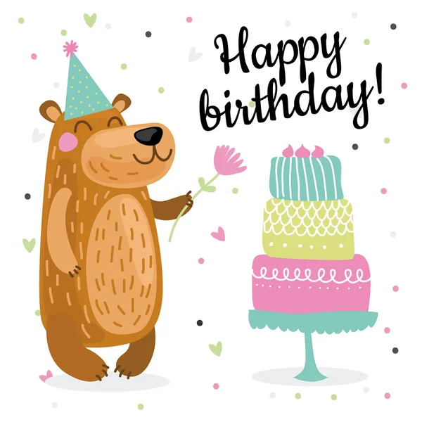 Lindo cumpleaños tarjetas de felicitación diseño con oso — Vector de stock