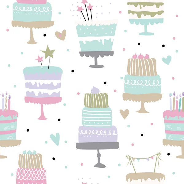 誕生日ケーキとかわいいベクターのシームレスなパターン — ストックベクタ