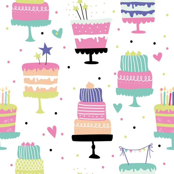 Cute vector seamless pattern with birthday cakes — Stock Vector