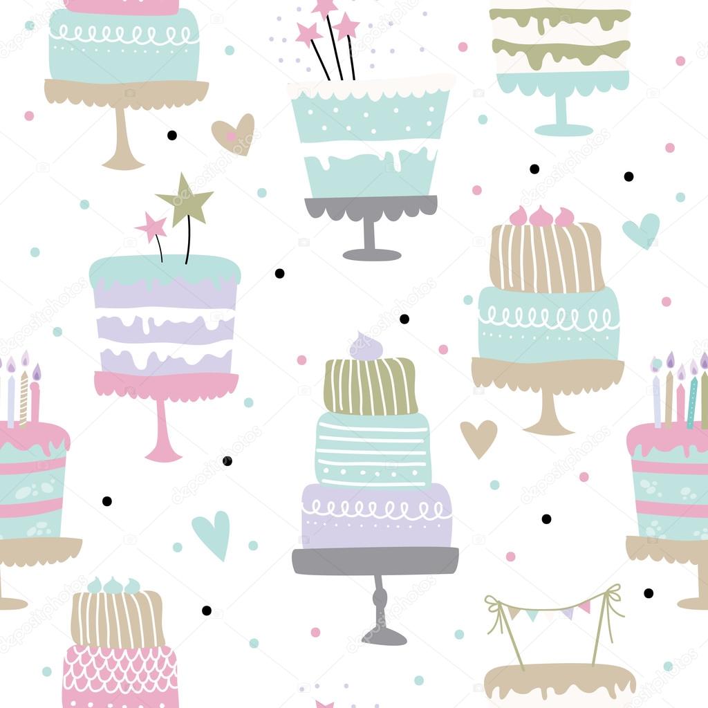 Cute vector seamless pattern with birthday cakes