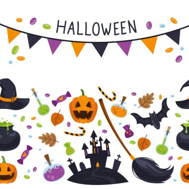 Vektör yatay çizgi film tarzı Cadılar Bayramı için seamless modeli