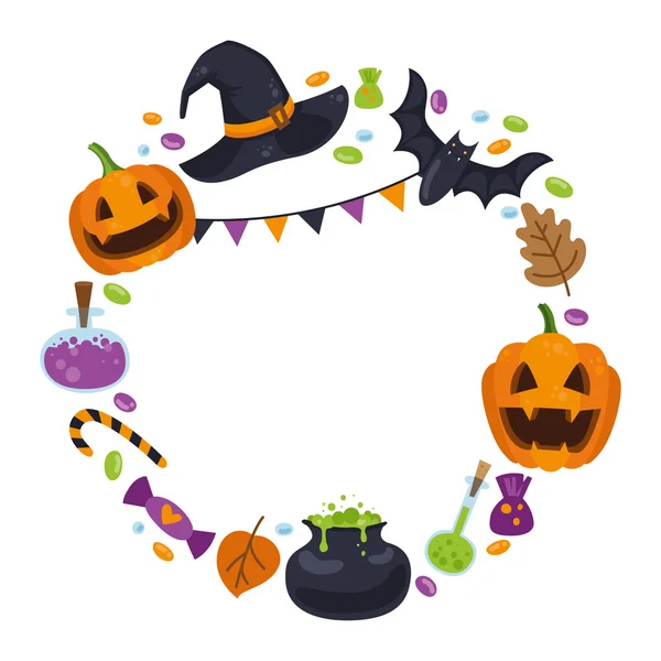 Cadılar Bayramı karikatür tarzı için simgeleri ile vektör çelenk