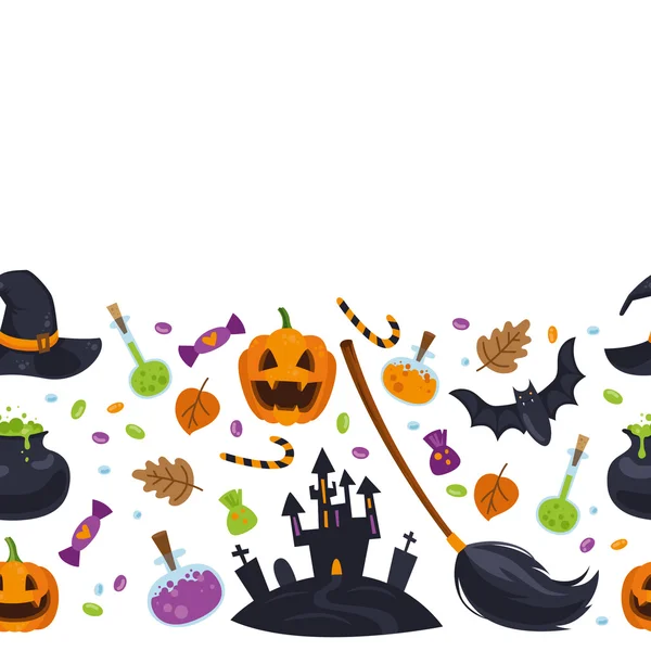 Patrón sin costura horisontal vectorial para Halloween en estilo de dibujos animados — Vector de stock