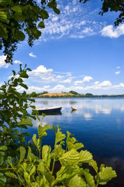 Ağacın içinden Biale Gölü 'nün (Kaszuby Gölü bölgesi) güzel bir manzarası görünüyor. Temiz su yüzeyinde yüzen küçük bir tekne.. 