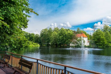 Zwierzyniec, Roztocze, Polonya 'daki gölet manzarası çok güzel. Park ve ünlü Nepomuk Kilisesi St. John 's arka planda..
