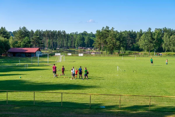 Группа Мальчиков Время Тренировки Футбольном Поле Озеро Лес Заднем Плане — стоковое фото