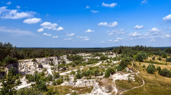 Jozefow, Roztocze, Polonya 'daki kireçtaşı ocağının hava manzarası. Arka planda orman var. Panoramik görünüm. 