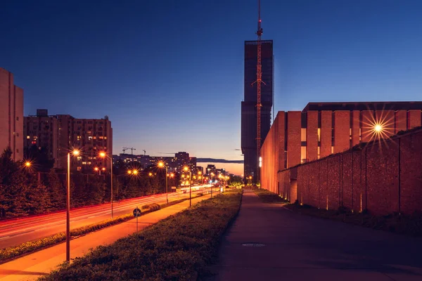 Night panorama of Katowice, illuminated streets and cloudless sky