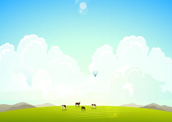 Na šířku obrázku s hory, kopce a mraky, krávy na zelené louce. — Stockový vektor