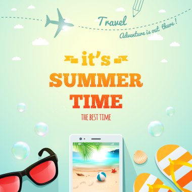 Yaz poster. Bu yaz aksesuarları ile yaz saati tipografik yazıt var. Seyahat summer. Yaz arka plan