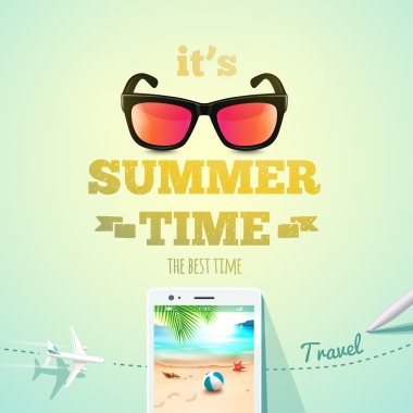 Yaz poster. Bu yaz aksesuarları ile yaz saati tipografik yazıt var. Seyahat etmek yaz