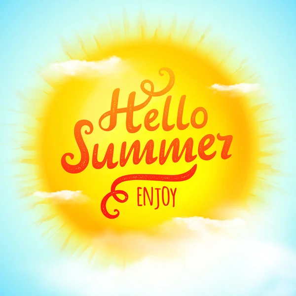 Hello summer, типографская надпись на 3D реалистичном солнце. Векторная миграция — стоковый вектор