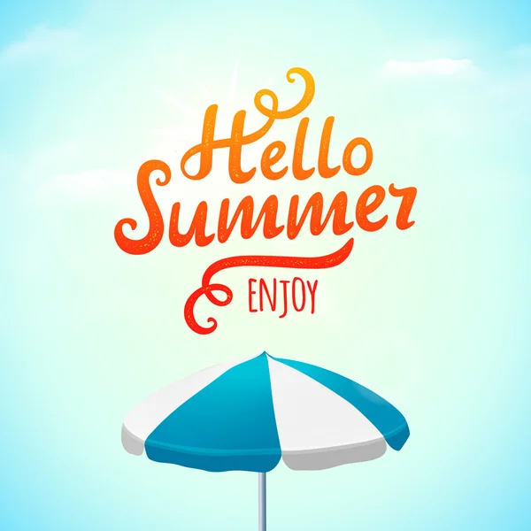 Γεια σας το καλοκαίρι, τυπογραφία επιγραφή με ομπρέλα. Vector εικονογράφηση — Διανυσματικό Αρχείο