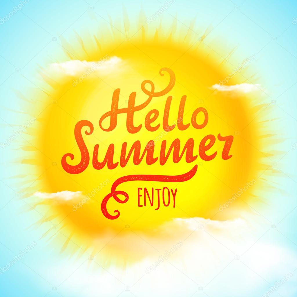 Hello summer, typographic inscription on 3D realistic sun. Vector Illustration