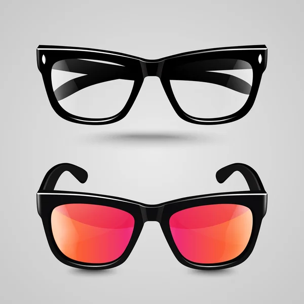 Brillensatz. Sonnenbrille und Lesebrille mit schwarzem Farbrahmen und transparenter Linse in verschiedenen Farbtönen. — Stockvektor