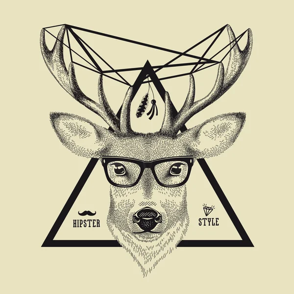 Mão desenhada de uma cabeça de veado em estilo hipster. Ilustração vetorial de um veado hipster vestindo óculos —  Vetores de Stock